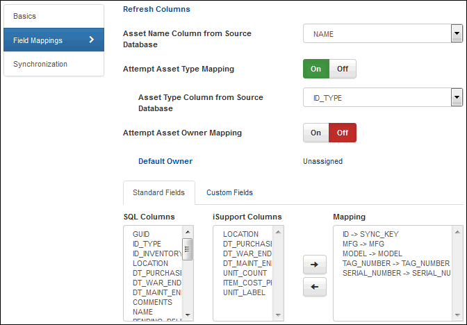 Asset Integration Field Mappings Tab