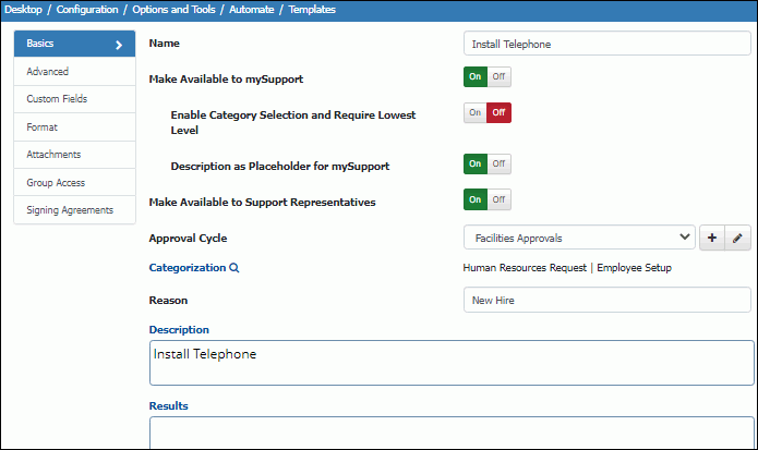 Change Template Basics Tab