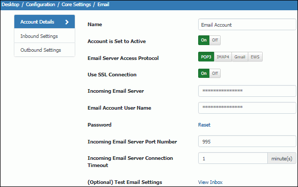 Email Account Details Tab