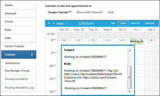 Support Representative Profile Calendar Tab